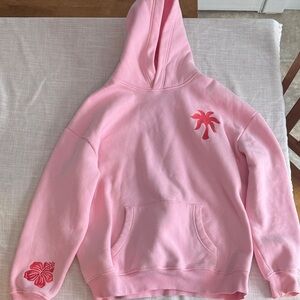 Pink Hoodie with Palm Tree and Hibiscus Design